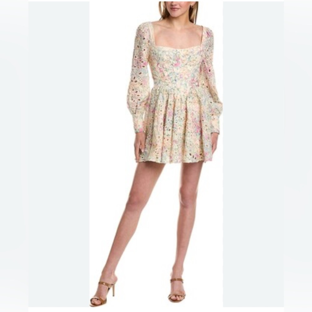 Bardot Lila Flounce Mini Dress Floral Lace Dress with Long Sleeves Pastel Flo